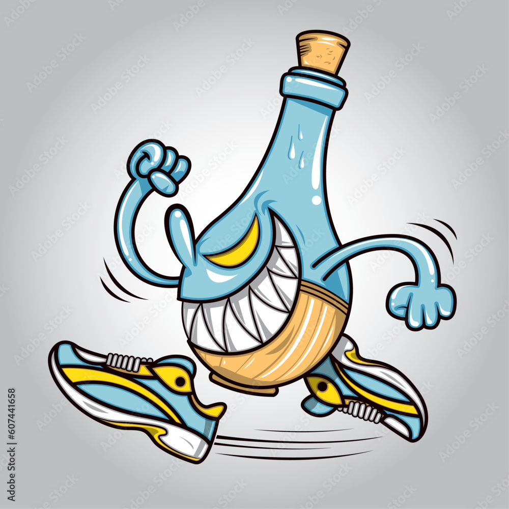 Jug of water running. Glass bottle wearing running shoes, mascot of a