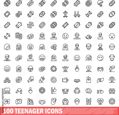 100 teenager icons set. Outline illustration of 100 teenager icons vector set isolated on white background