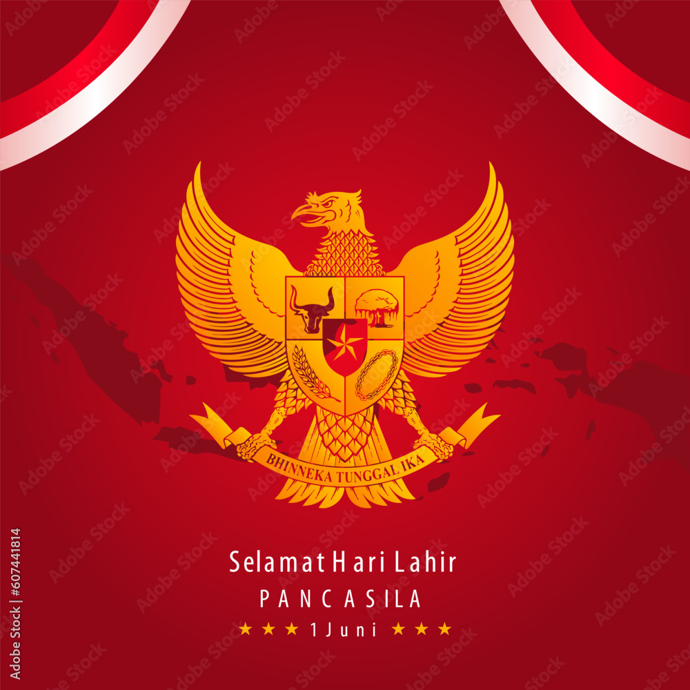 Selamat Hari Lahir Pancasila 1 Juni. Happy Pancasila Day Background with Indonesian Flags and Garuda Bird Symbol. Vector Illustration Selamat Hari Lahir Pancasila 1 Juni. Happy Pancasila Day Background with Indonesian Flags and Garuda Bird Symbol. Vector Illustration