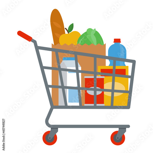 Supermarket shopping cart full of groceries