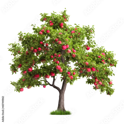 Apple tree isolated on transparent background, Red ripe fruits and green foliage, PNG, Generative AI photo