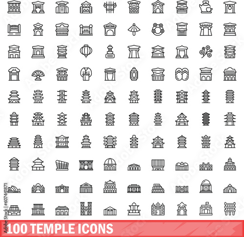 100 temple icons set. Outline illustration of 100 temple icons vector set isolated on white background
