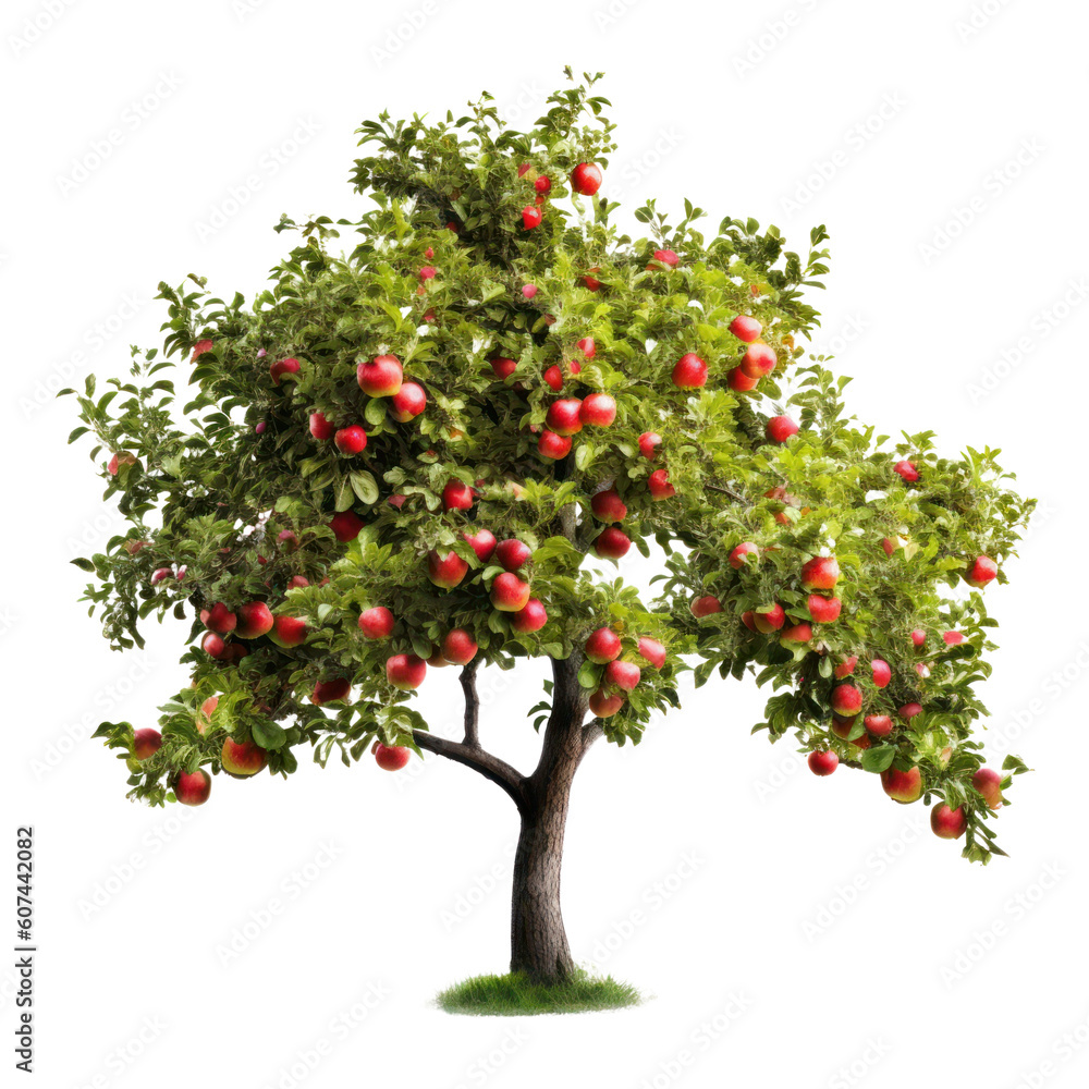 Apple tree isolated on transparent background, Red ripe fruits and green foliage, PNG, Generative AI