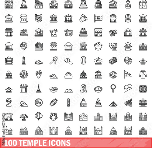 100 temple icons set. Outline illustration of 100 temple icons vector set isolated on white background
