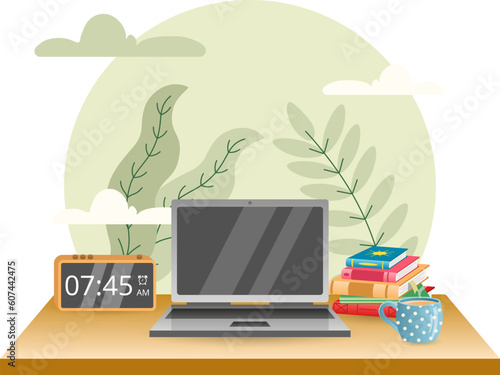 Work desk illustration. Table, alarm, laptop, books, cup. Editable vector graphic design.