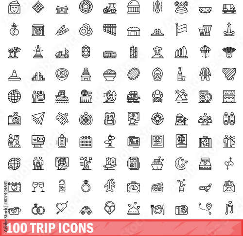 100 trip icons set. Outline illustration of 100 trip icons vector set isolated on white background