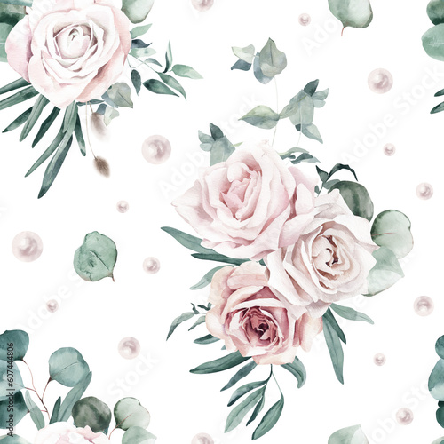 Watercolor Seamless Pattern Background with Roses and Eucalyptus Branches on Transparent Background