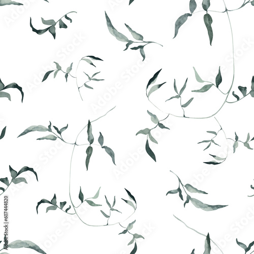 Watercolor Seamless Pattern Background with Elegant Branch with Leaves on Transparent Background