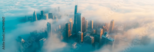 Aerial view of foggy skyscrapers