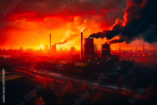A smoking factory chimney causing air pollution in the middle of the suburbs, a post-apocalyptic vision of a sunset © v.senkiv