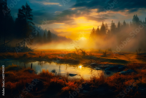 Landscape with fog and low light