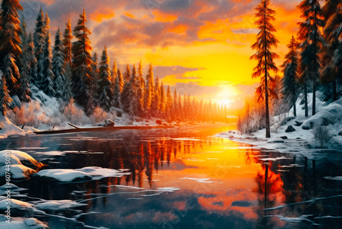 Incredible winter landscape with a river in the forest