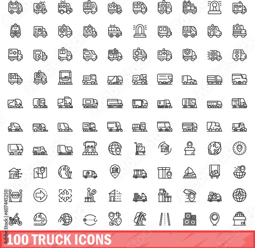 100 truck icons set. Outline illustration of 100 truck icons vector set isolated on white background