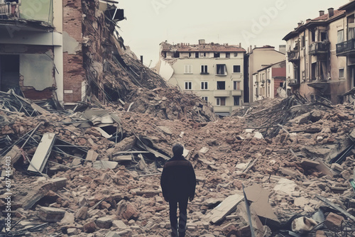 AI generative of a back view of a person looking natural disaster earthquake in a destroyed city photo