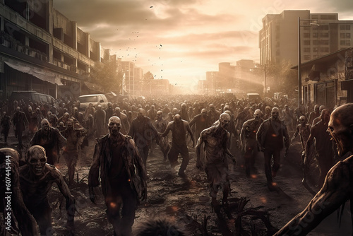 horde of zombies dead walking in a destroyed city after infection with virus and end of the world of the alive people. photo