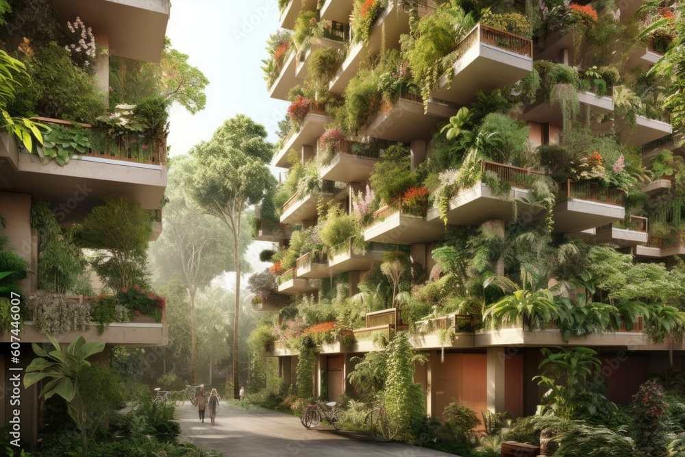 self-sustaining vertical garden that utilizes rainwater harvesting, solar-powered irrigation, and organic composting, promoting a circular economy - Generative AI