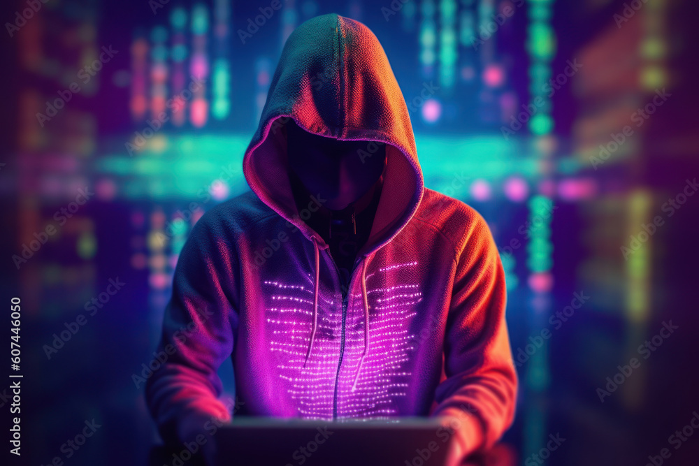 Hoodie hacker cyber security using laptop. Techonology concept. Generative ai. Hoodie hacker cyber security using laptop. Techonology concept. Generative ai.
