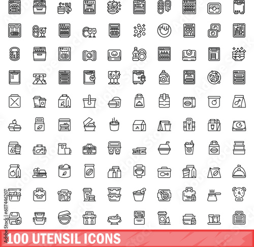100 utensil icons set. Outline illustration of 100 utensil icons vector set isolated on white background