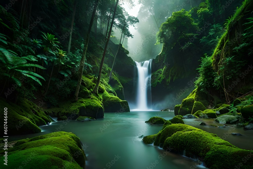 A hidden waterfall cascading through the heart of the rainforest, surrounded by lush greenery and mist