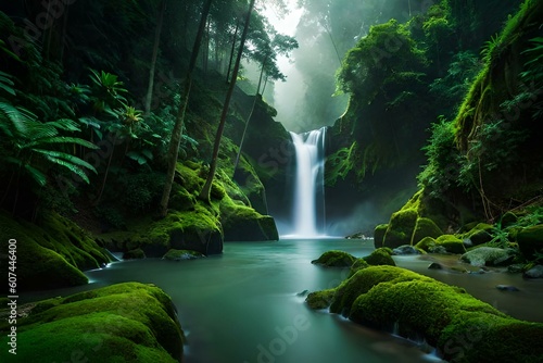 A hidden waterfall cascading through the heart of the rainforest  surrounded by lush greenery and mist