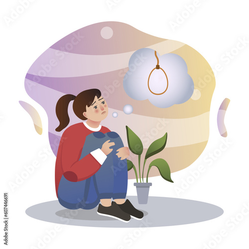 Suicide illustration. Girl, flower, loop. Editable vector graphic design.