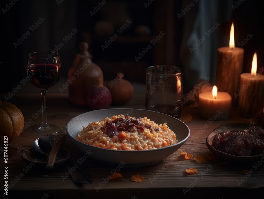 A Glass of Red Wine Next to a Plate of Pumpkin Risotto With Crispy Bacon, Served on a Rustic Wooden Table in a Candlelit Restaurant During Evening. Halloween Food Photography A Glass of Red Wine Next to a Plate of Pumpkin Risotto With Crispy Bacon, Served on a Rustic Wooden Table in a Candlelit Restaurant During Evening. Halloween Food Photography
