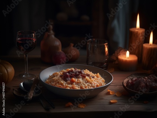 A Glass of Red Wine Next to a Plate of Pumpkin Risotto With Crispy Bacon, Served on a Rustic Wooden Table in a Candlelit Restaurant During Evening. Halloween Food Photography