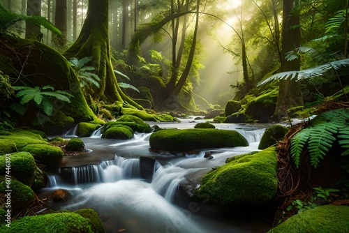 A mystical scene in the rainforest  with sunlight filtering through the dense foliage and illuminating a carpet of ferns. 