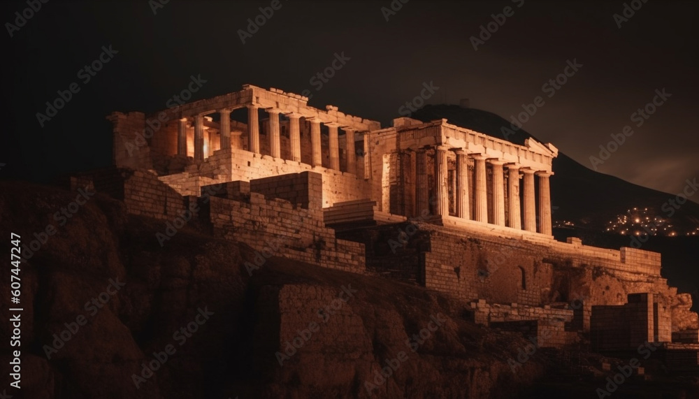 Ancient ruins illuminated at dusk, majestic history generated by AI
