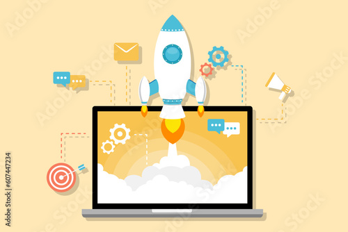Startup background with starting rocket in laptop screen