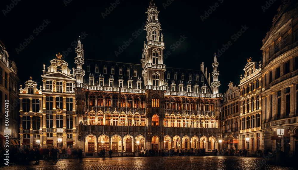 Gothic town hall illuminated by street lights generated by AI
