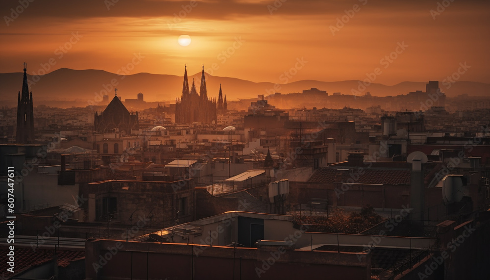 Sunset illuminates city skyline, ancient minarets silhouette generated by AI