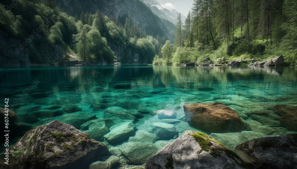 Majestic mountain peak reflects in tranquil pond generated by AI