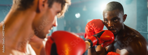 Foto Two professional boxer man exercising in Thai boxing match or MMA in red gloves