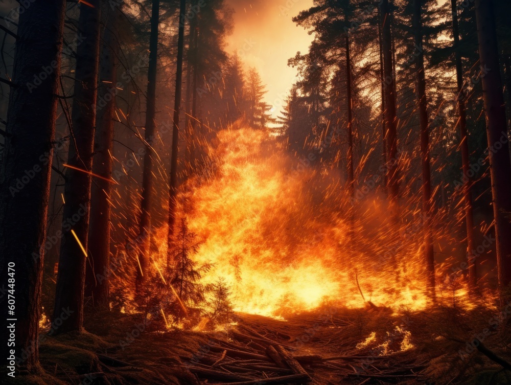big raging forest fire with very high flames and lot's of smoke, dramatic light, generative ai big raging forest fire with very high flames and lot's of smoke, dramatic light, generative ai