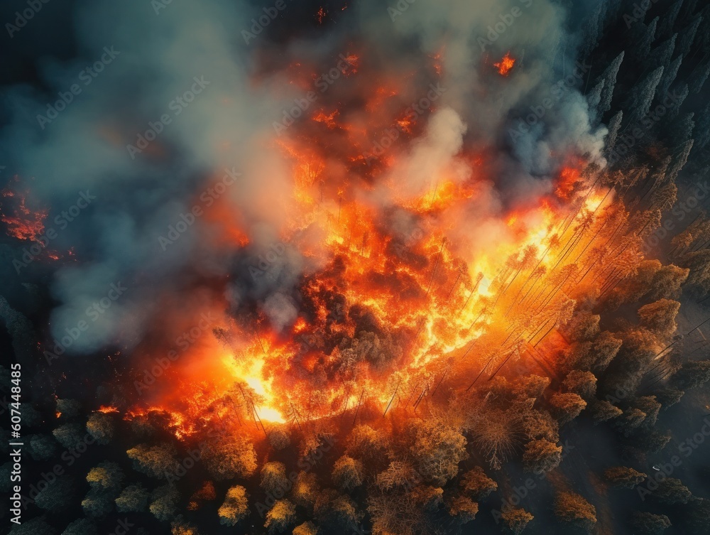 big raging forest fire with very high flames and lot's of smoke, dramatic light, generative ai