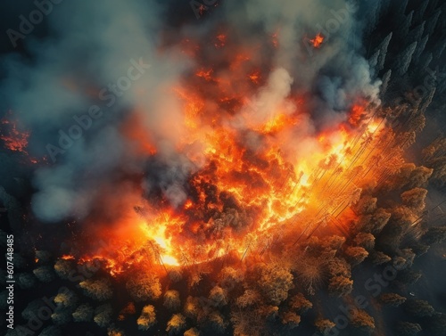 big raging forest fire with very high flames and lot's of smoke, dramatic light, generative ai © Felix