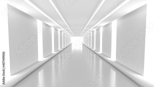 無機質な灯りに照らされた回廊の3Dイラストレーション
