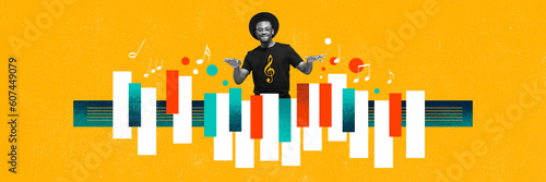 Talented african man singing in microphone, playing piano against vivid yellow background. Contemporary art collage. Concept of music, lifestyle, art of sound, performance. Creative bright design