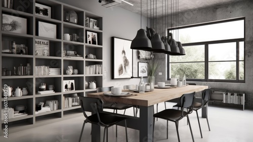 Interior design inspiration of Industrial Modern style home dining room loveliness decorated with Metal and Concrete material and Open Shelves .Generative AI home interior design . photo