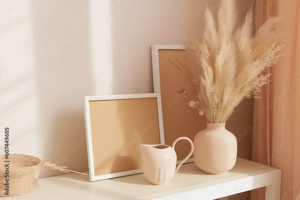 Empty Wooden Picture Frame Mockup on Beige Wall, Enhanced by Boho Vase, Dry Flowers, Coffee, and Old Books in a Cozy Home Office