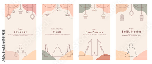 Set of Vesak Day Social Media Story Post Template. Buddha, Lotus, Pura Temple, Lantern India Vector Illustration. Selamat Hari Raya Waisak. Happy Guru Purnima Background