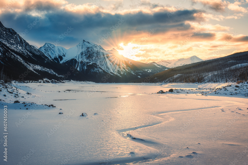 Sunrise over Medicine Lake with rocky mountains and frozen lake in Jasper national park