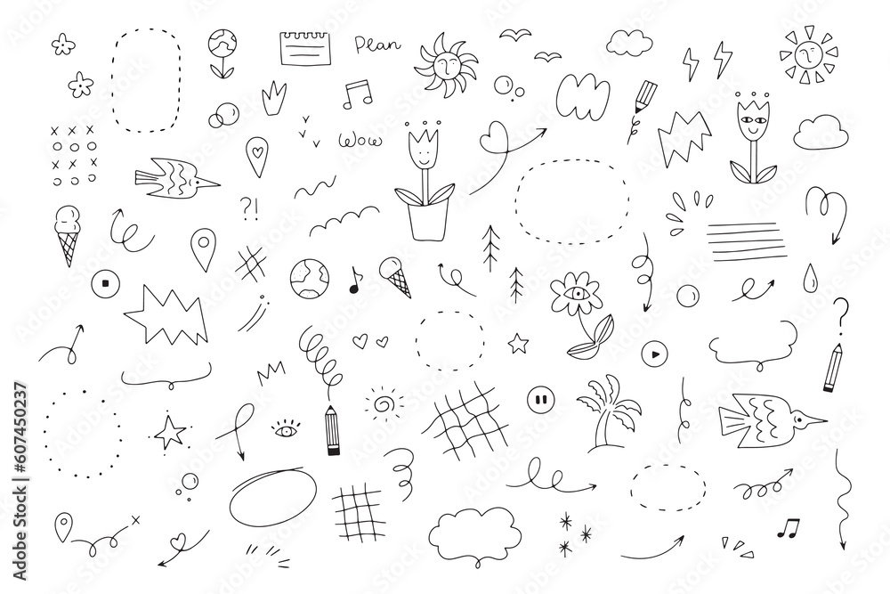 Doodle set of simple decorative elements. Various icons such as hearts, stars, speech bubbles, arrows, lines isolated on white background. Doodle set of simple decorative elements. Various icons such as hearts, stars, speech bubbles, arrows, lines isolated on white background.