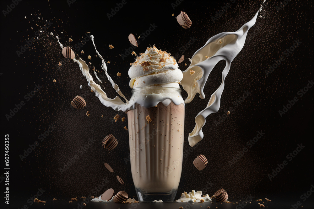 Milkshake with whipped cream and sprinkles on a black background. created with generative AI