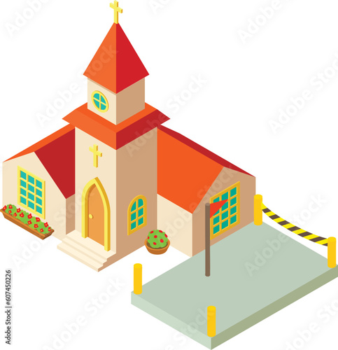 Repair work icon isometric vector. Closed cement site near christian church icon. Construction concept, building site