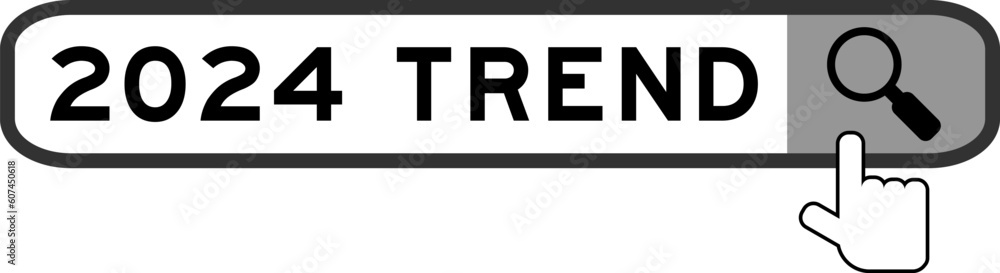 Search banner in word 2024 trend with hand over magnifier icon on white background Search banner in word 2024 trend with hand over magnifier icon on white background