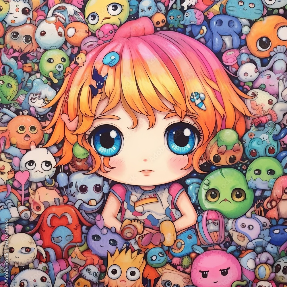 A child surrounded by monsters, illustration, generated by AI. Childhood fears A child surrounded by monsters, illustration, generated by AI. Childhood fears
