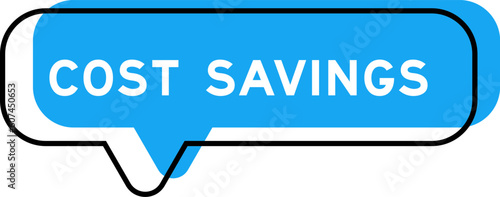 Speech banner and blue shade with word cost savings on white background