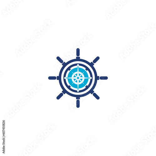 Nautical Steering wheel symbol with compass rose icon isolated on white background